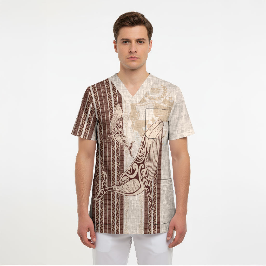Swimming With Humpback Whales Season Tonga Scrub Top Tongan Tofuaa Ngatu Pattern Brown LT14 - Polynesian Pride