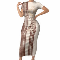 Swimming With Humpback Whales Season Tonga Short Sleeve Bodycon Dress Tongan Tofuaa Ngatu Pattern Brown LT14 Long Dress Brown - Polynesian Pride
