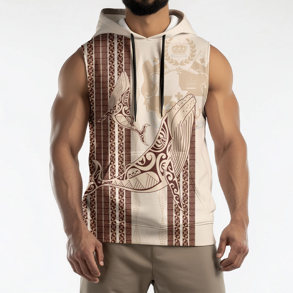 Swimming With Humpback Whales Season Tonga Sleeveless Hoodie Tongan Tofuaa Ngatu Pattern Brown LT14 - Polynesian Pride