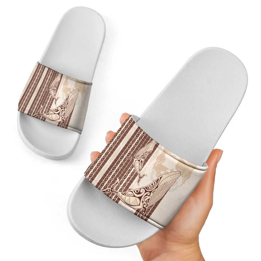 Swimming With Humpback Whales Season Tonga Slide Sandals Tongan Tofuaa Ngatu Pattern Brown LT14 - Polynesian Pride