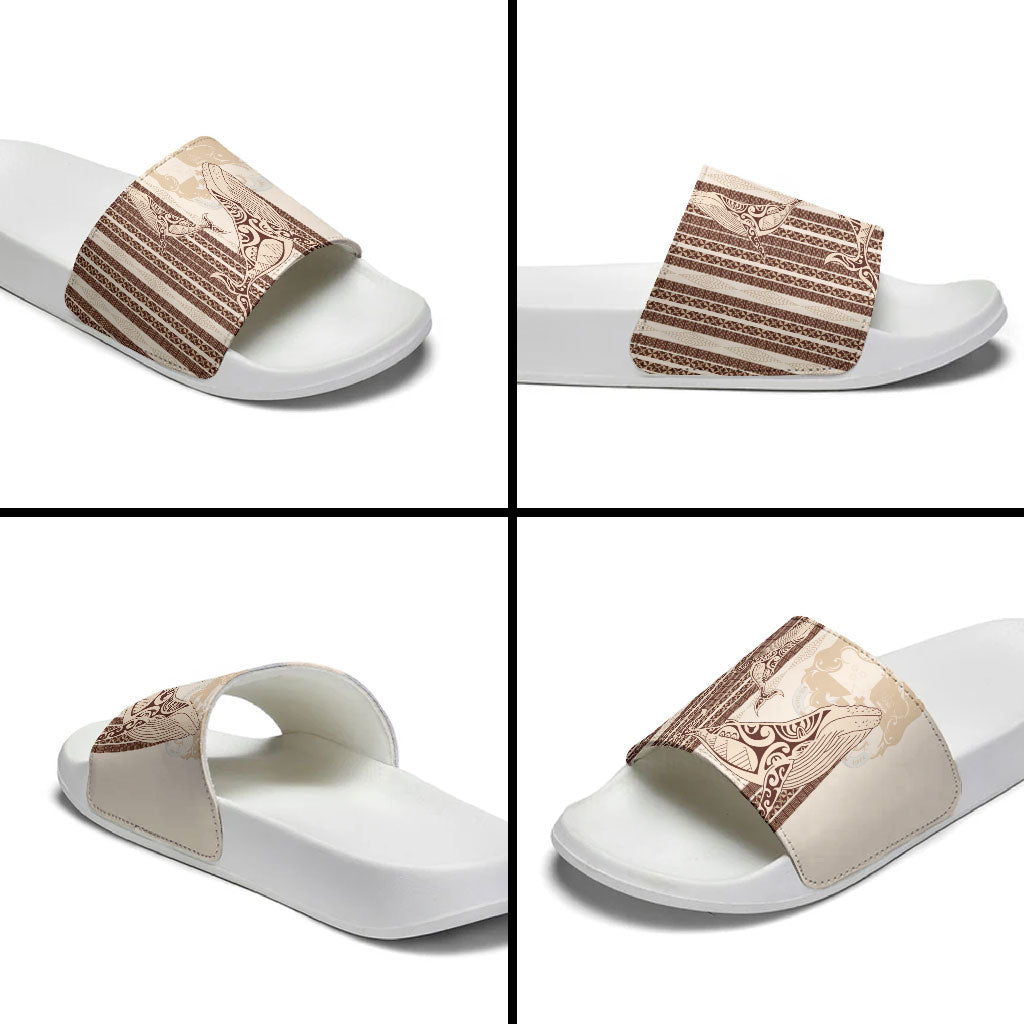 Swimming With Humpback Whales Season Tonga Slide Sandals Tongan Tofuaa Ngatu Pattern Brown LT14 - Polynesian Pride