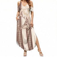 Swimming With Humpback Whales Season Tonga Summer Maxi Dress Tongan Tofuaa Ngatu Pattern Brown LT14 Women Brown - Polynesian Pride
