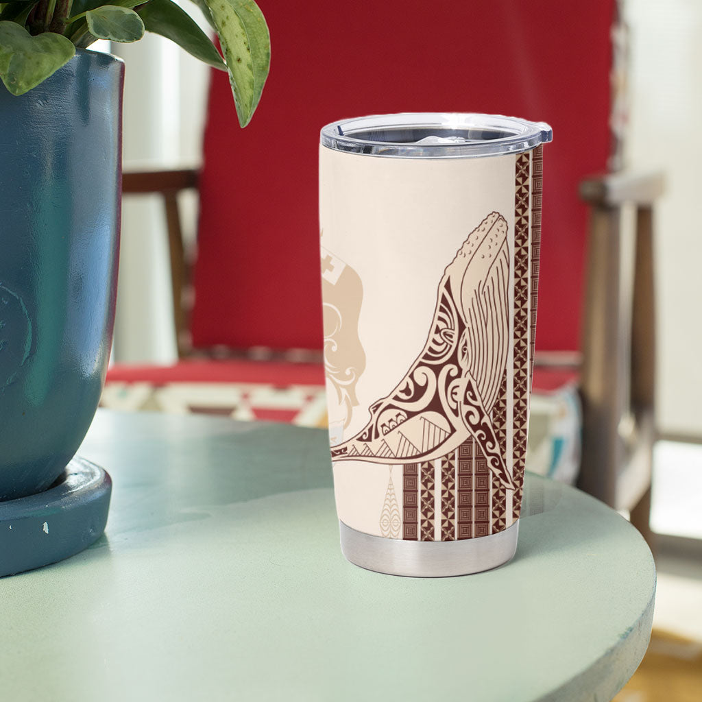 Swimming With Humpback Whales Season Tonga Tumbler Cup Tongan Tofuaa Ngatu Pattern Brown LT14 - Polynesian Pride