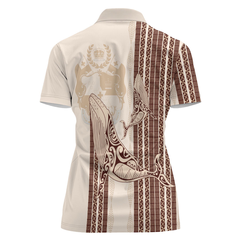 Swimming With Humpback Whales Season Tonga Women Polo Shirt Tongan Tofuaa Ngatu Pattern Brown LT14 - Polynesian Pride
