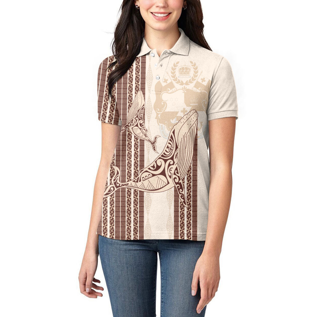 Swimming With Humpback Whales Season Tonga Women Polo Shirt Tongan Tofuaa Ngatu Pattern Brown LT14 - Polynesian Pride