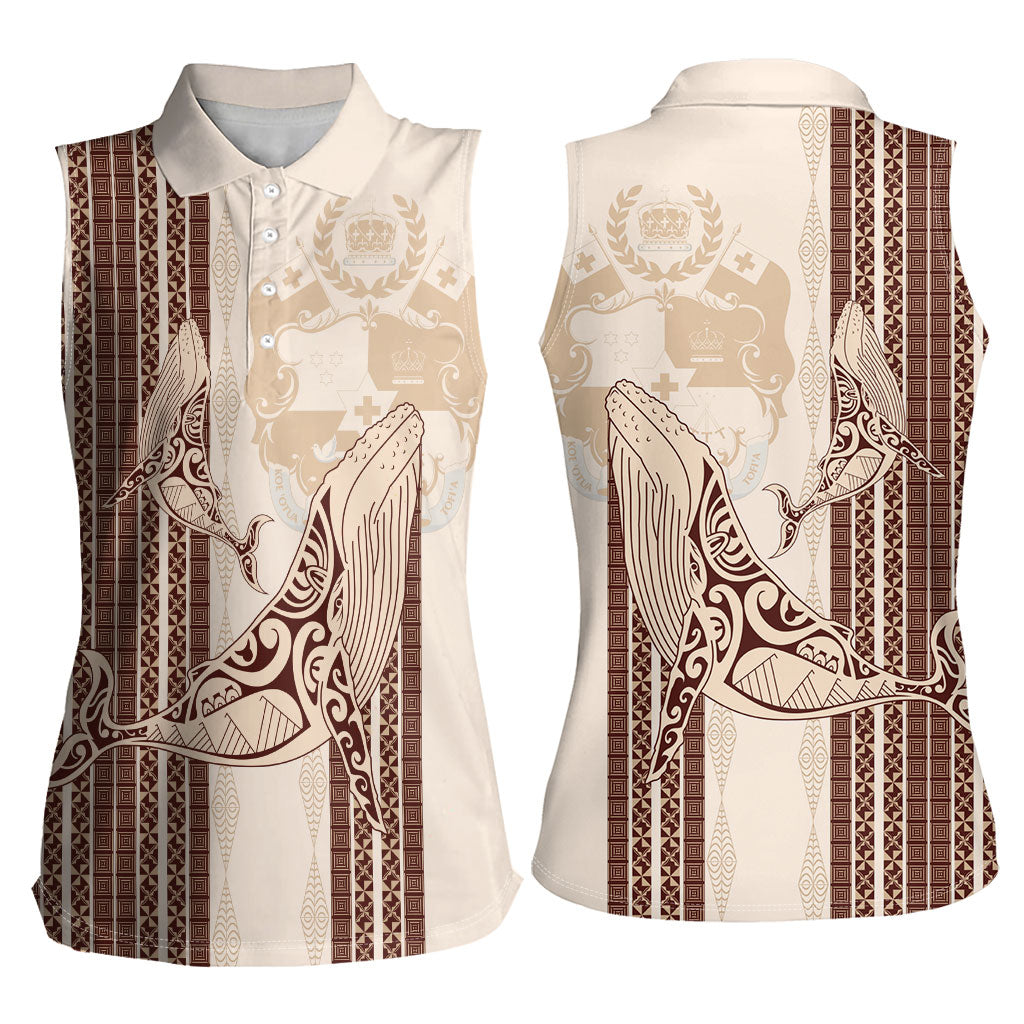 Swimming With Humpback Whales Season Tonga Women Sleeveless Polo Shirt Tongan Tofuaa Ngatu Pattern Brown LT14 - Polynesian Pride