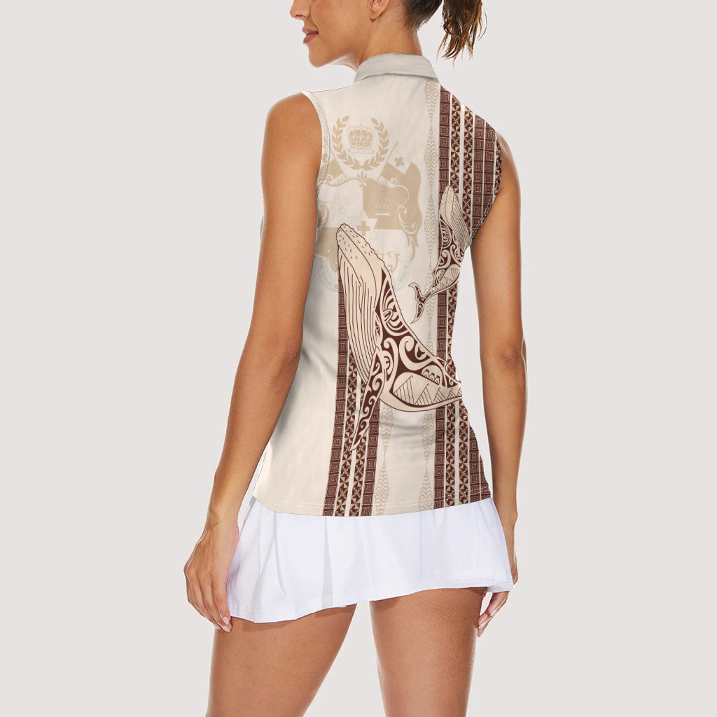 Swimming With Humpback Whales Season Tonga Women Sleeveless Polo Shirt Tongan Tofuaa Ngatu Pattern Brown LT14 - Polynesian Pride