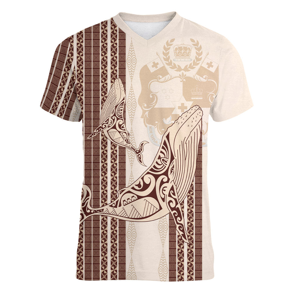 Swimming With Humpback Whales Season Tonga Women V-Neck T-Shirt Tongan Tofuaa Ngatu Pattern Brown LT14 Female Brown - Polynesian Pride