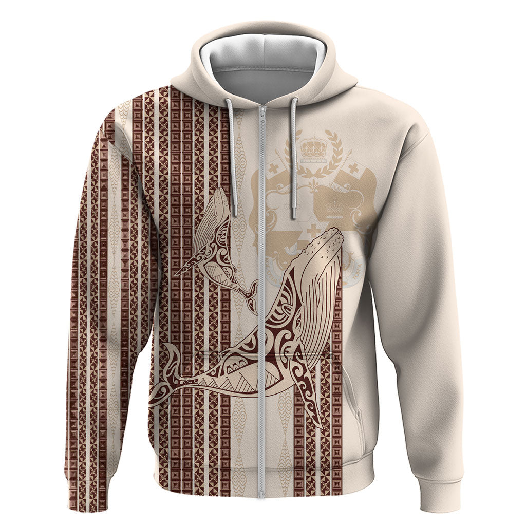 Swimming With Humpback Whales Season Tonga Zip Hoodie Tongan Tofuaa Ngatu Pattern Brown LT14 Zip Hoodie Brown - Polynesian Pride