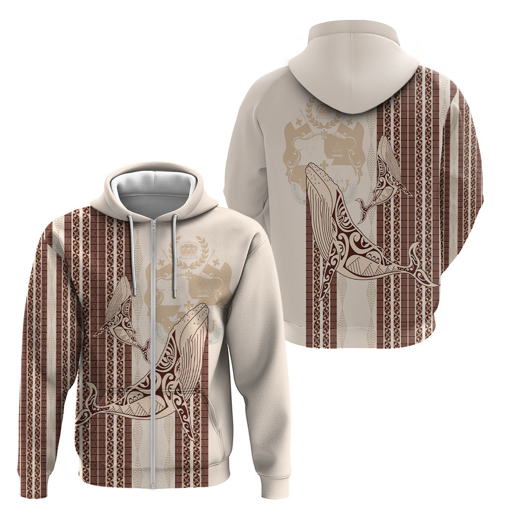 Swimming With Humpback Whales Season Tonga Zip Hoodie Tongan Tofuaa Ngatu Pattern Brown LT14 - Polynesian Pride