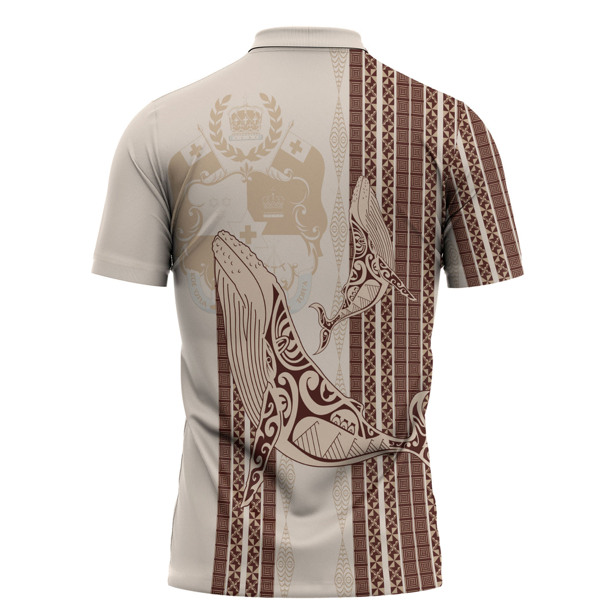 Swimming With Humpback Whales Season Tonga Zipper Polo Shirt Tongan Tofuaa Ngatu Pattern Brown LT14 - Polynesian Pride