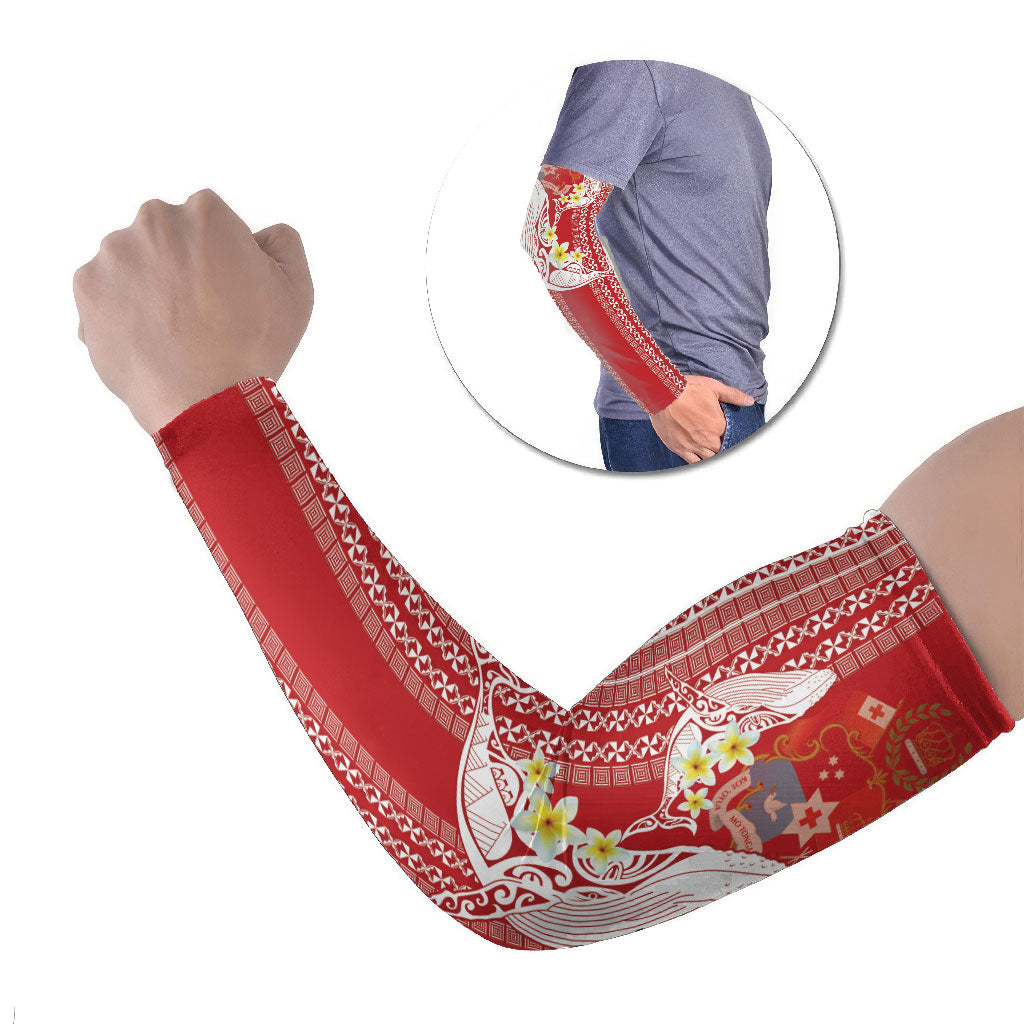 Swimming With Humpback Whales Season Tonga Arm Sleeves Tongan Tofuaa Ngatu Pattern Red LT14 Set of 2 Red - Polynesian Pride
