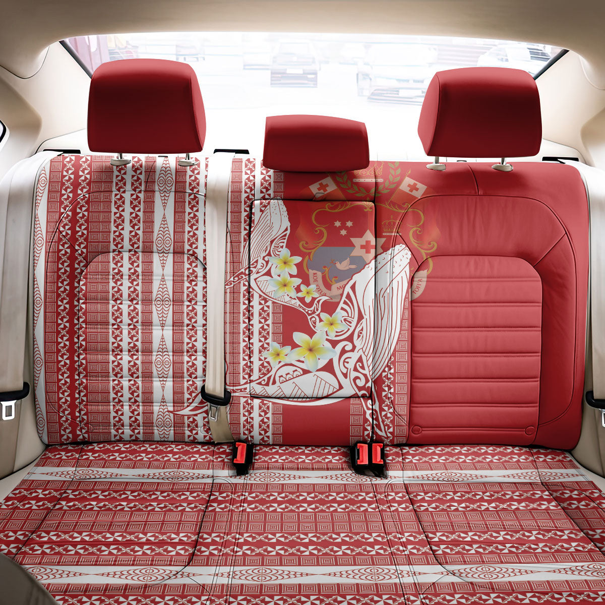 Swimming With Humpback Whales Season Tonga Back Car Seat Cover Tongan Tofuaa Ngatu Pattern Red LT14 - Polynesian Pride