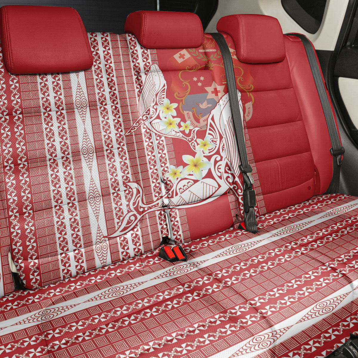 Swimming With Humpback Whales Season Tonga Back Car Seat Cover Tongan Tofuaa Ngatu Pattern Red LT14 - Polynesian Pride
