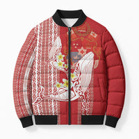 Swimming With Humpback Whales Season Tonga Bomber Puffer Jacket Tongan Tofuaa Ngatu Pattern Red LT14 Unisex Red - Polynesian Pride
