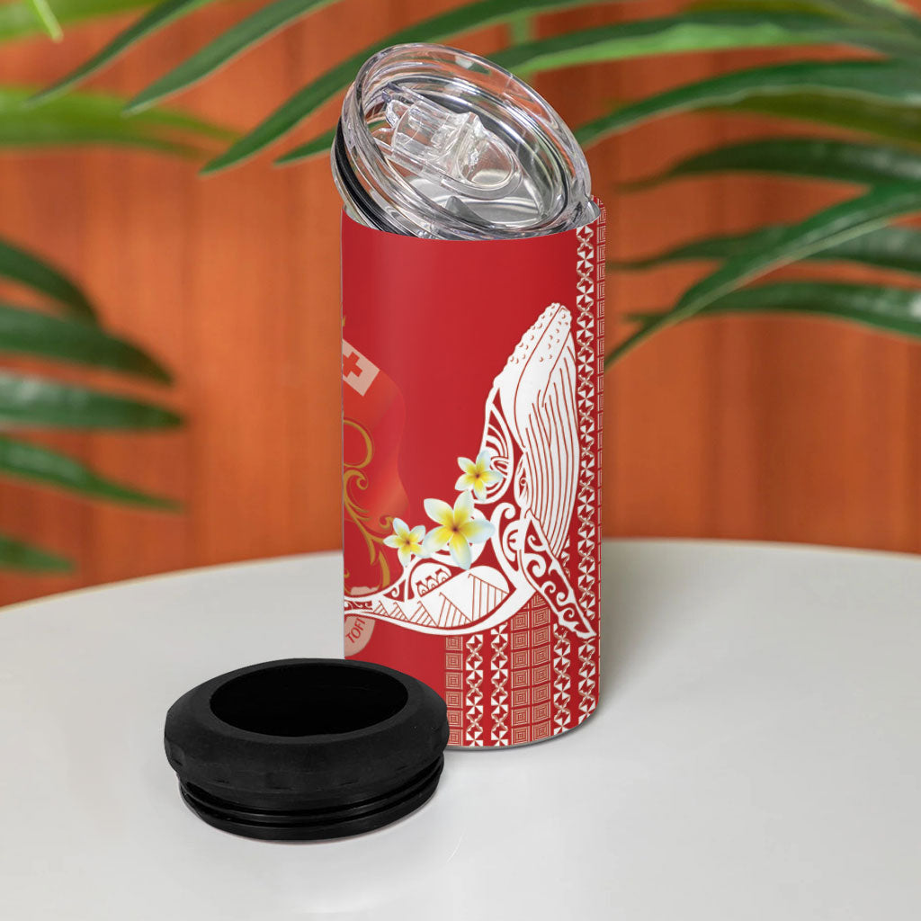 Swimming With Humpback Whales Season Tonga 4 in 1 Can Cooler Tumbler Tongan Tofuaa Ngatu Pattern Red LT14 - Polynesian Pride