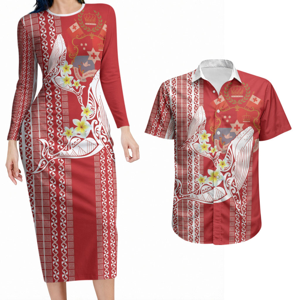 Swimming With Humpback Whales Season Tonga Couples Matching Long Sleeve Bodycon Dress and Hawaiian Shirt Tongan Tofuaa Ngatu Pattern Red LT14 Red - Polynesian Pride