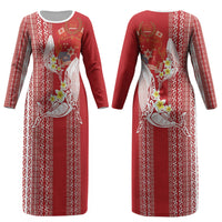 Swimming With Humpback Whales Season Tonga Couples Matching Long Sleeve Bodycon Dress and Long Sleeve Button Shirt Tongan Tofuaa Ngatu Pattern Red LT14 - Polynesian Pride