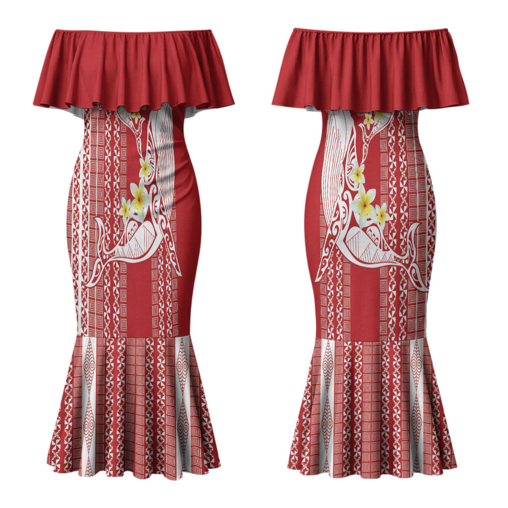 Swimming With Humpback Whales Season Tonga Couples Matching Mermaid Dress and Hawaiian Shirt Tongan Tofuaa Ngatu Pattern Red LT14 - Polynesian Pride