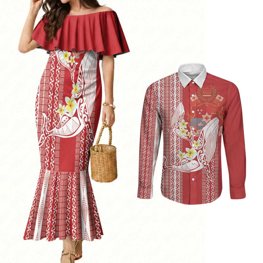 Swimming With Humpback Whales Season Tonga Couples Matching Mermaid Dress and Long Sleeve Button Shirt Tongan Tofuaa Ngatu Pattern Red LT14 Red - Polynesian Pride