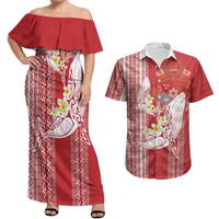 Swimming With Humpback Whales Season Tonga Couples Matching Off Shoulder Maxi Dress and Hawaiian Shirt Tongan Tofuaa Ngatu Pattern Red LT14 Red - Polynesian Pride