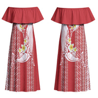 Swimming With Humpback Whales Season Tonga Couples Matching Off Shoulder Maxi Dress and Hawaiian Shirt Tongan Tofuaa Ngatu Pattern Red LT14 - Polynesian Pride