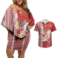 Swimming With Humpback Whales Season Tonga Couples Matching Off Shoulder Short Dress and Hawaiian Shirt Tongan Tofuaa Ngatu Pattern Red LT14 Red - Polynesian Pride