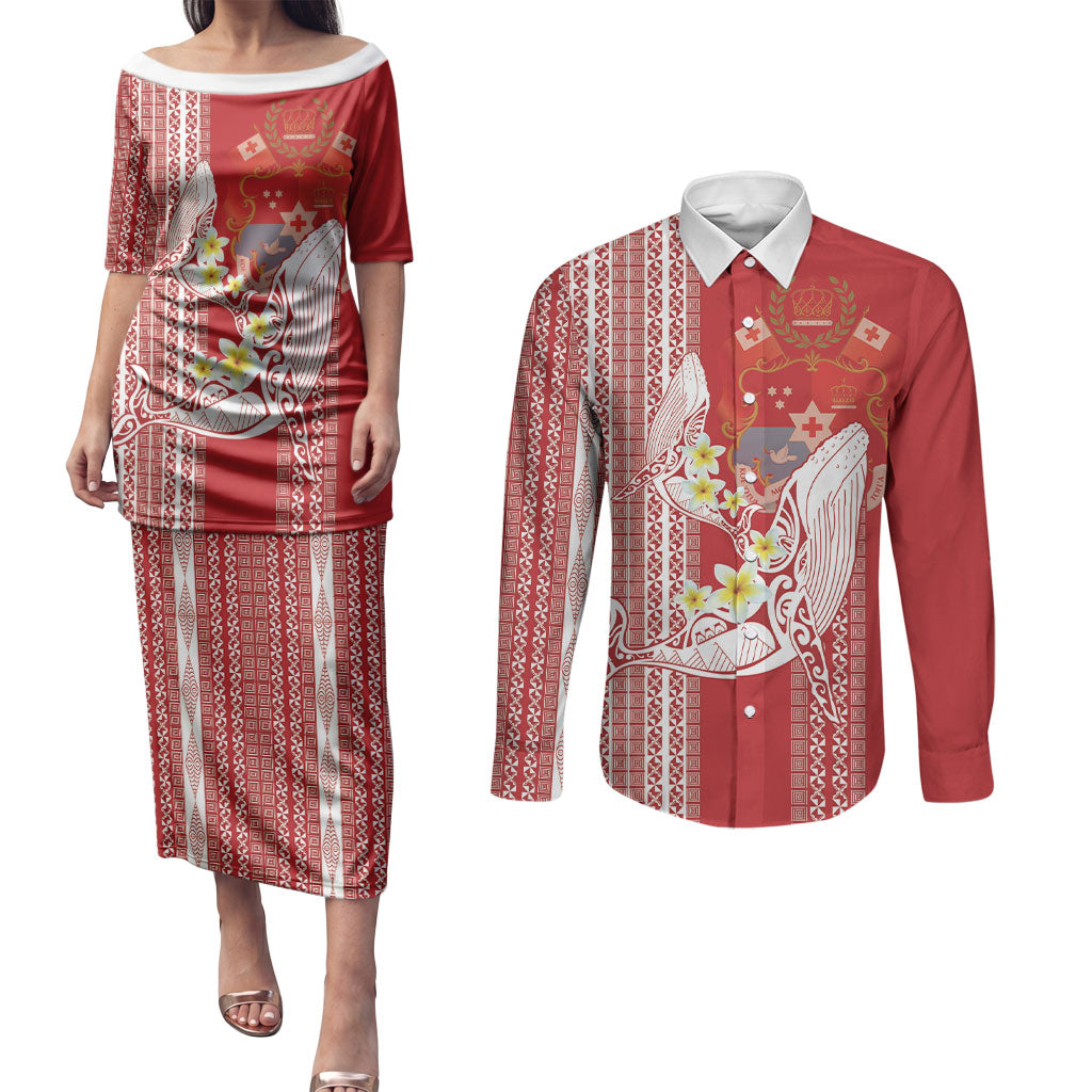 Swimming With Humpback Whales Season Tonga Couples Matching Puletasi and Long Sleeve Button Shirt Tongan Tofuaa Ngatu Pattern Red LT14 Red - Polynesian Pride