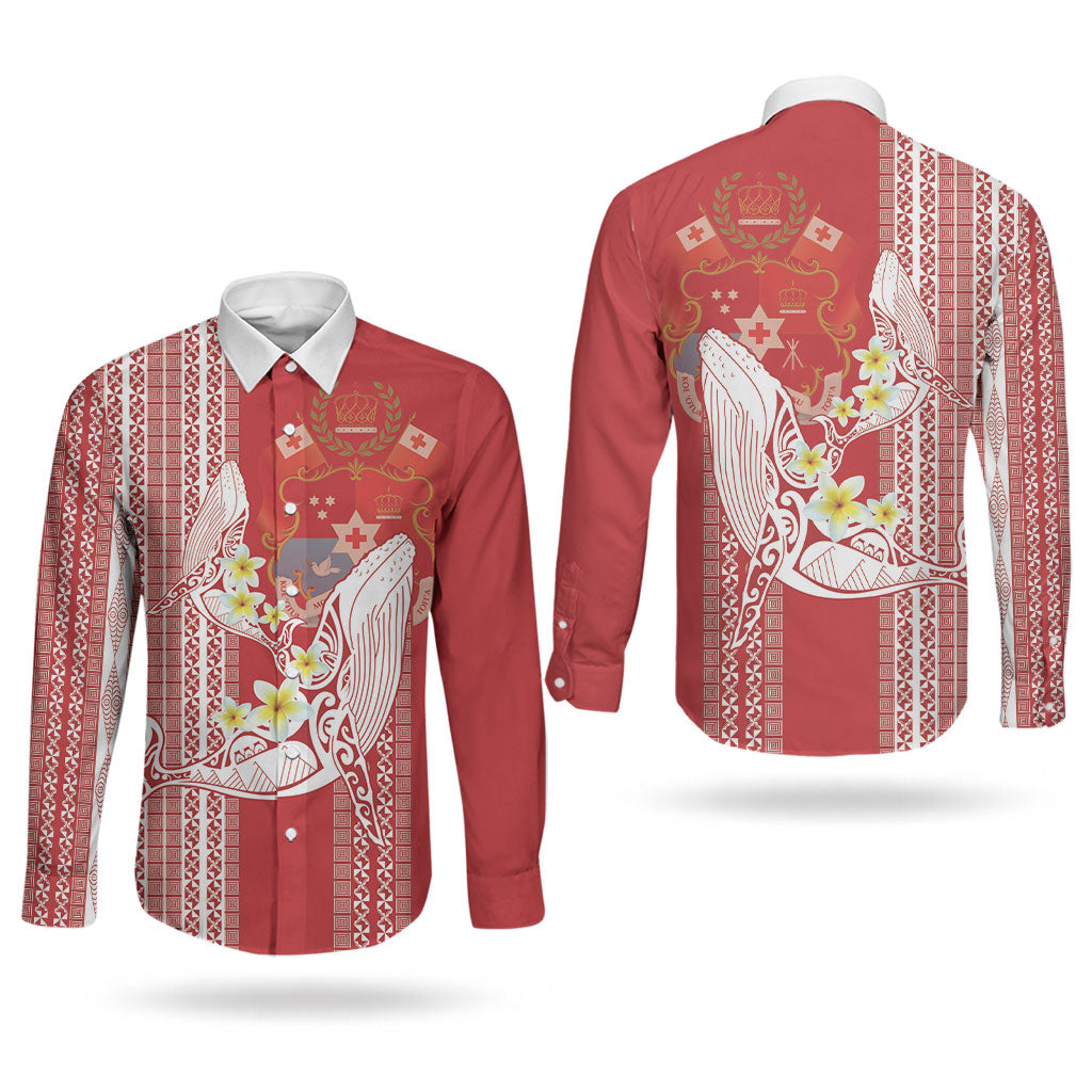Swimming With Humpback Whales Season Tonga Couples Matching Short Sleeve Bodycon Dress and Long Sleeve Button Shirt Tongan Tofuaa Ngatu Pattern Red LT14 - Polynesian Pride