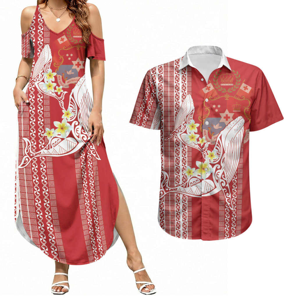 Swimming With Humpback Whales Season Tonga Couples Matching Summer Maxi Dress and Hawaiian Shirt Tongan Tofuaa Ngatu Pattern Red LT14 Red - Polynesian Pride
