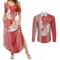 Swimming With Humpback Whales Season Tonga Couples Matching Summer Maxi Dress and Long Sleeve Button Shirt Tongan Tofuaa Ngatu Pattern Red LT14 Red - Polynesian Pride