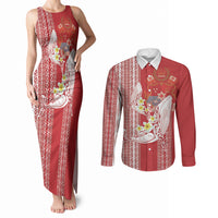 Swimming With Humpback Whales Season Tonga Couples Matching Tank Maxi Dress and Long Sleeve Button Shirt Tongan Tofuaa Ngatu Pattern Red LT14 Red - Polynesian Pride