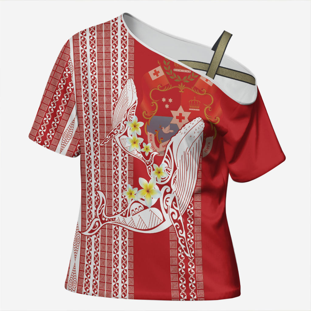 Swimming With Humpback Whales Season Tonga Cross Shoulder Shirt Tongan Tofuaa Ngatu Pattern Red LT14 Female Red - Polynesian Pride