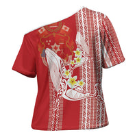 Swimming With Humpback Whales Season Tonga Cross Shoulder Shirt Tongan Tofuaa Ngatu Pattern Red LT14 - Polynesian Pride