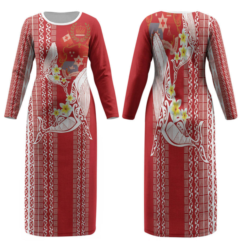 Swimming With Humpback Whales Season Tonga Family Matching Long Sleeve Bodycon Dress and Hawaiian Shirt Tongan Tofuaa Ngatu Pattern Red LT14 Mom's Dress Red - Polynesian Pride