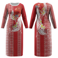 Swimming With Humpback Whales Season Tonga Family Matching Long Sleeve Bodycon Dress and Hawaiian Shirt Tongan Tofuaa Ngatu Pattern Red LT14 Mom's Dress Red - Polynesian Pride