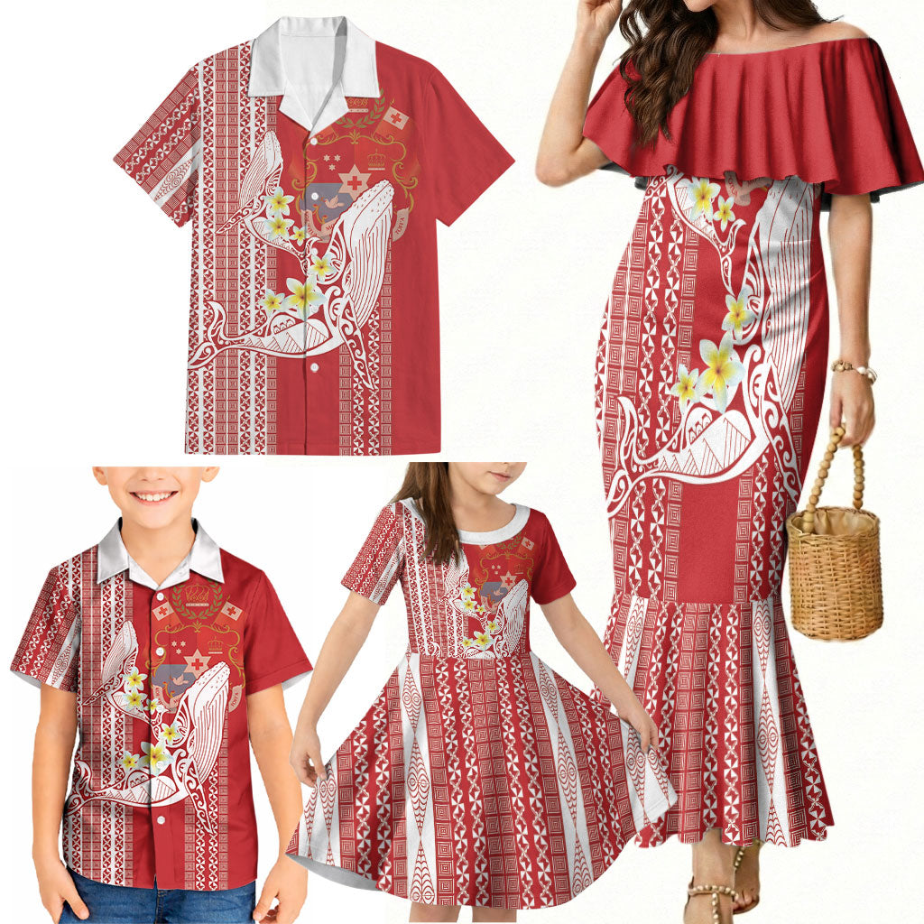 Swimming With Humpback Whales Season Tonga Family Matching Mermaid Dress and Hawaiian Shirt Tongan Tofuaa Ngatu Pattern Red LT14 - Polynesian Pride