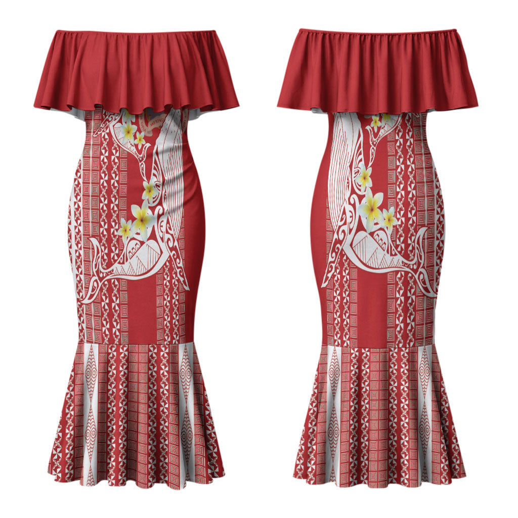 Swimming With Humpback Whales Season Tonga Family Matching Mermaid Dress and Hawaiian Shirt Tongan Tofuaa Ngatu Pattern Red LT14 Mom's Dress Red - Polynesian Pride