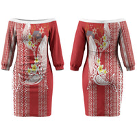 Swimming With Humpback Whales Season Tonga Family Matching Off The Shoulder Long Sleeve Dress and Hawaiian Shirt Tongan Tofuaa Ngatu Pattern Red LT14 Mom's Dress Red - Polynesian Pride