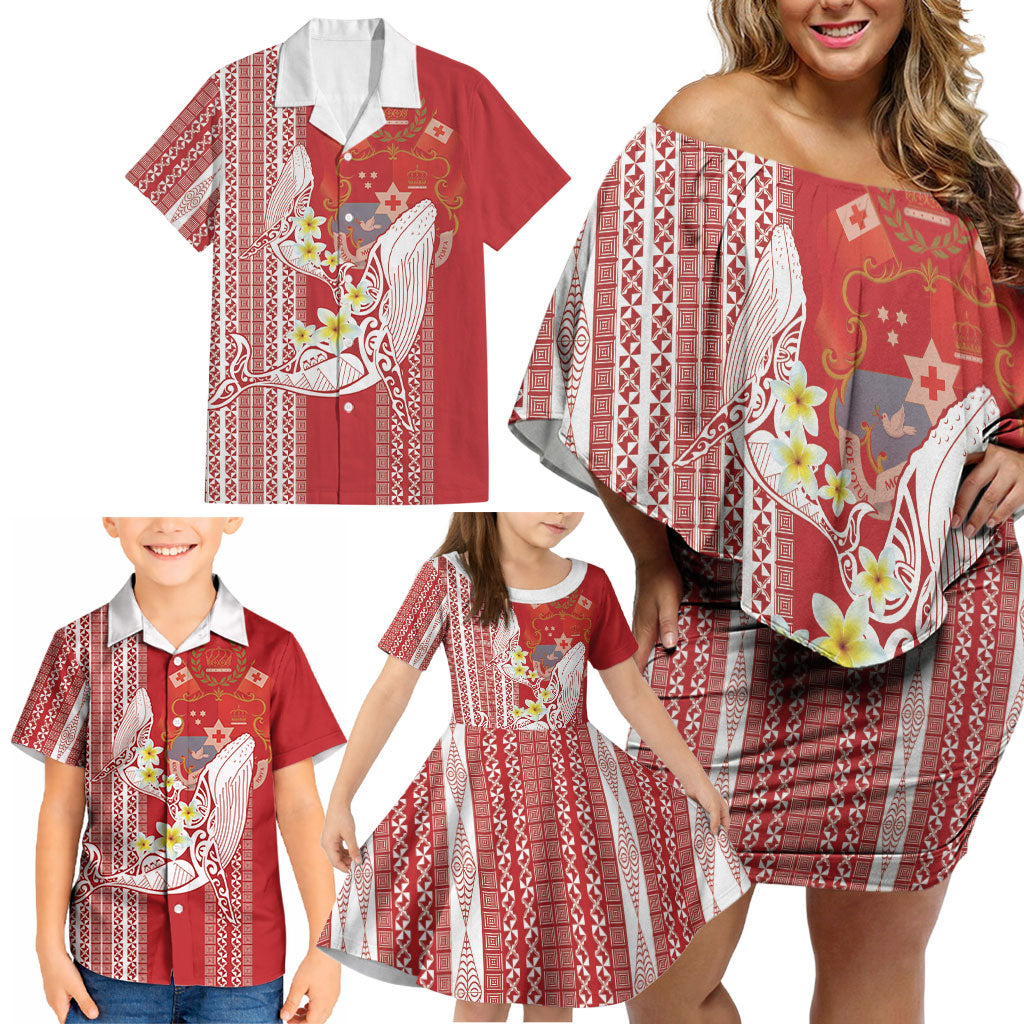 Swimming With Humpback Whales Season Tonga Family Matching Off Shoulder Short Dress and Hawaiian Shirt Tongan Tofuaa Ngatu Pattern Red LT14 - Polynesian Pride
