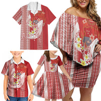 Swimming With Humpback Whales Season Tonga Family Matching Off Shoulder Short Dress and Hawaiian Shirt Tongan Tofuaa Ngatu Pattern Red LT14 - Polynesian Pride