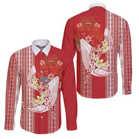 Swimming With Humpback Whales Season Tonga Family Matching Off Shoulder Short Dress and Hawaiian Shirt Tongan Tofuaa Ngatu Pattern Red LT14 Dad's Shirt - Long Sleeve Red - Polynesian Pride