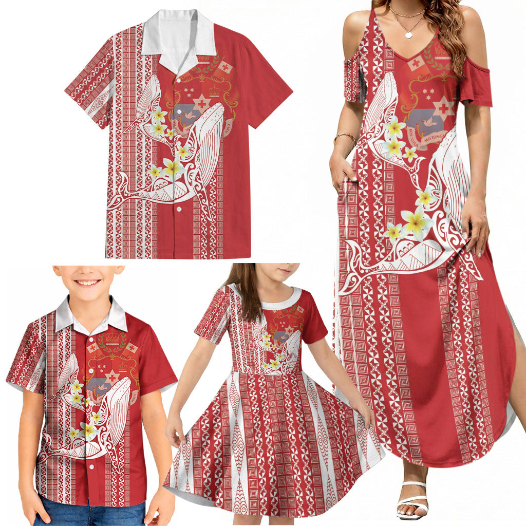 Swimming With Humpback Whales Season Tonga Family Matching Summer Maxi Dress and Hawaiian Shirt Tongan Tofuaa Ngatu Pattern Red LT14 - Polynesian Pride