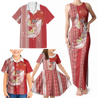Swimming With Humpback Whales Season Tonga Family Matching Tank Maxi Dress and Hawaiian Shirt Tongan Tofuaa Ngatu Pattern Red LT14 - Polynesian Pride
