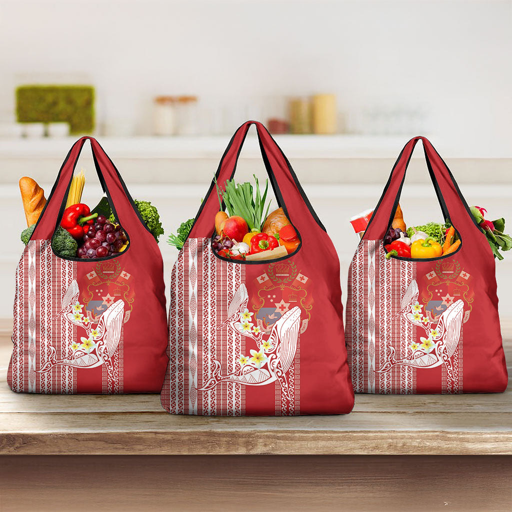 Swimming With Humpback Whales Season Tonga Grocery Bag Tongan Tofuaa Ngatu Pattern Red LT14 3-pack One Size Red - Polynesian Pride