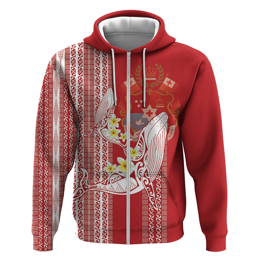 Swimming With Humpback Whales Season Tonga Hoodie Tongan Tofuaa Ngatu Pattern Red LT14 Zip Hoodie Red - Polynesian Pride