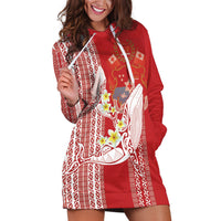 Swimming With Humpback Whales Season Tonga Hoodie Dress Tongan Tofuaa Ngatu Pattern Red LT14 Red - Polynesian Pride