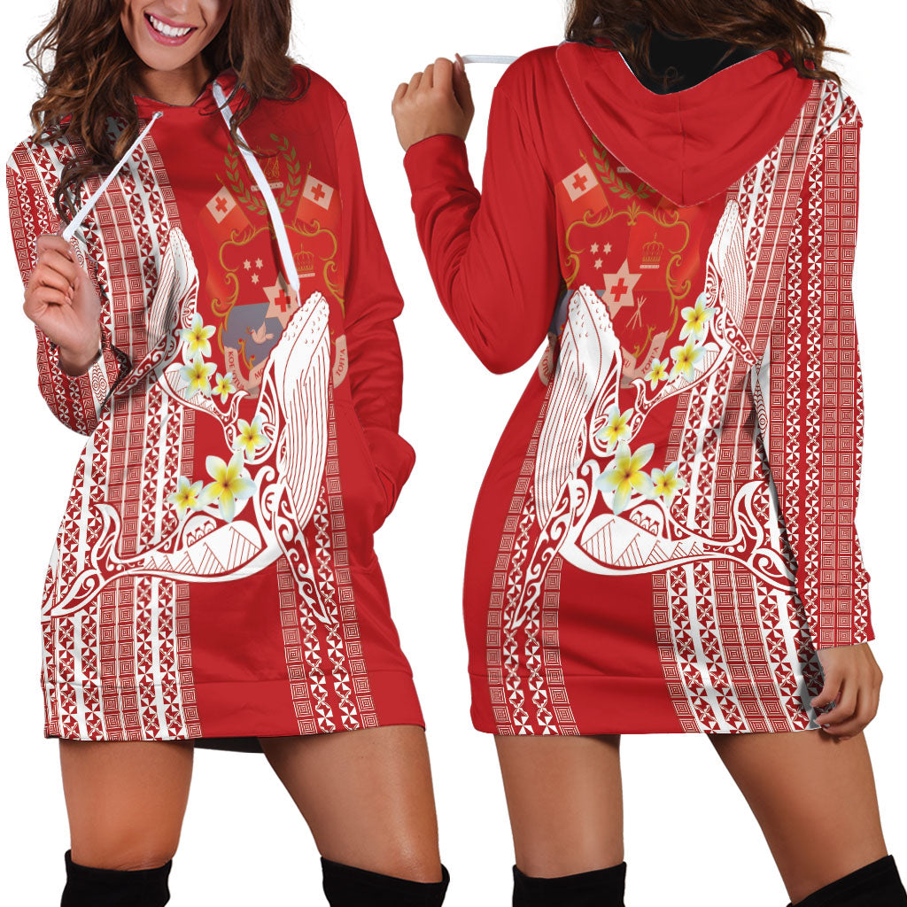 Swimming With Humpback Whales Season Tonga Hoodie Dress Tongan Tofuaa Ngatu Pattern Red LT14 - Polynesian Pride