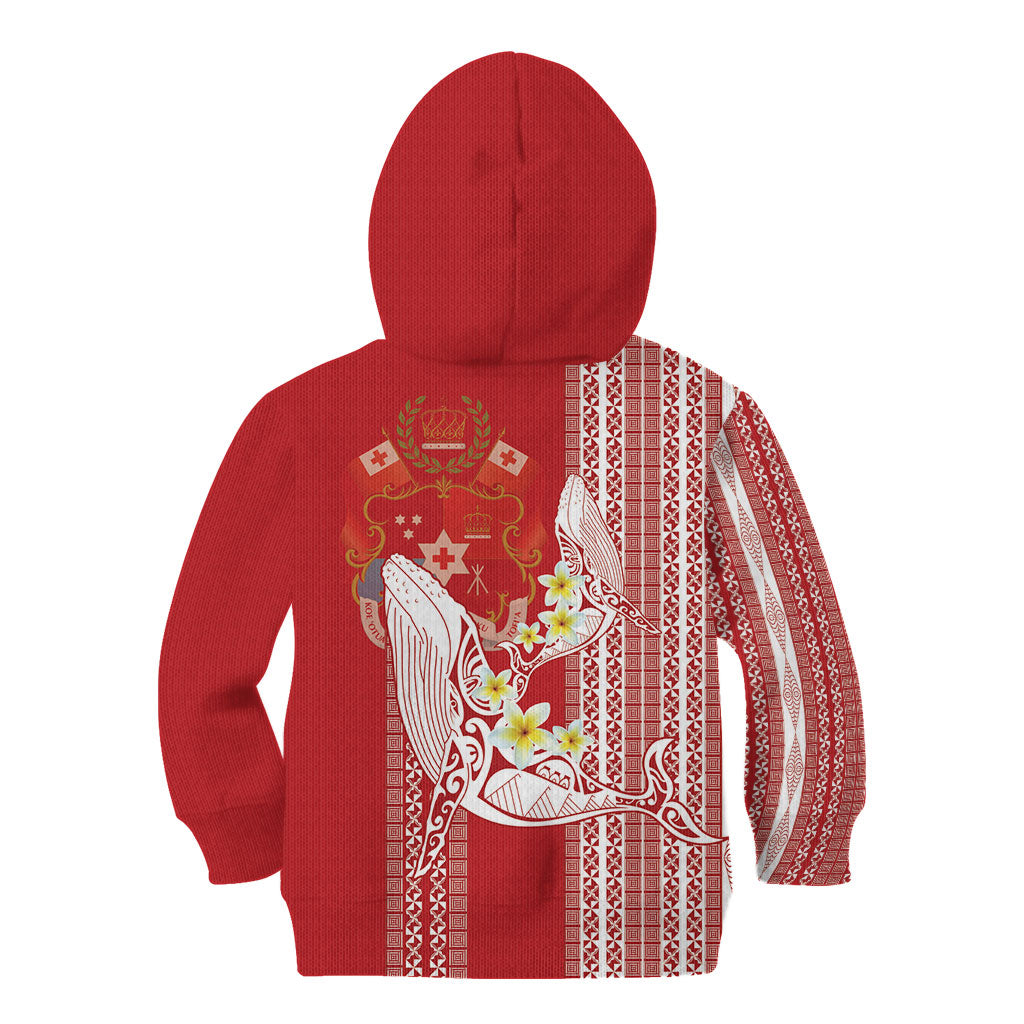Swimming With Humpback Whales Season Tonga Kid Hoodie Tongan Tofuaa Ngatu Pattern Red LT14 - Polynesian Pride