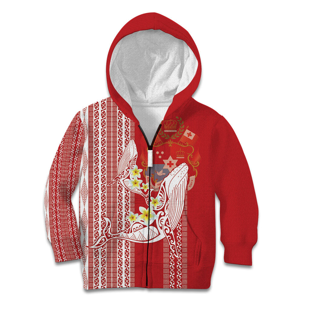 Swimming With Humpback Whales Season Tonga Kid Hoodie Tongan Tofuaa Ngatu Pattern Red LT14 Zip Hoodie Red - Polynesian Pride
